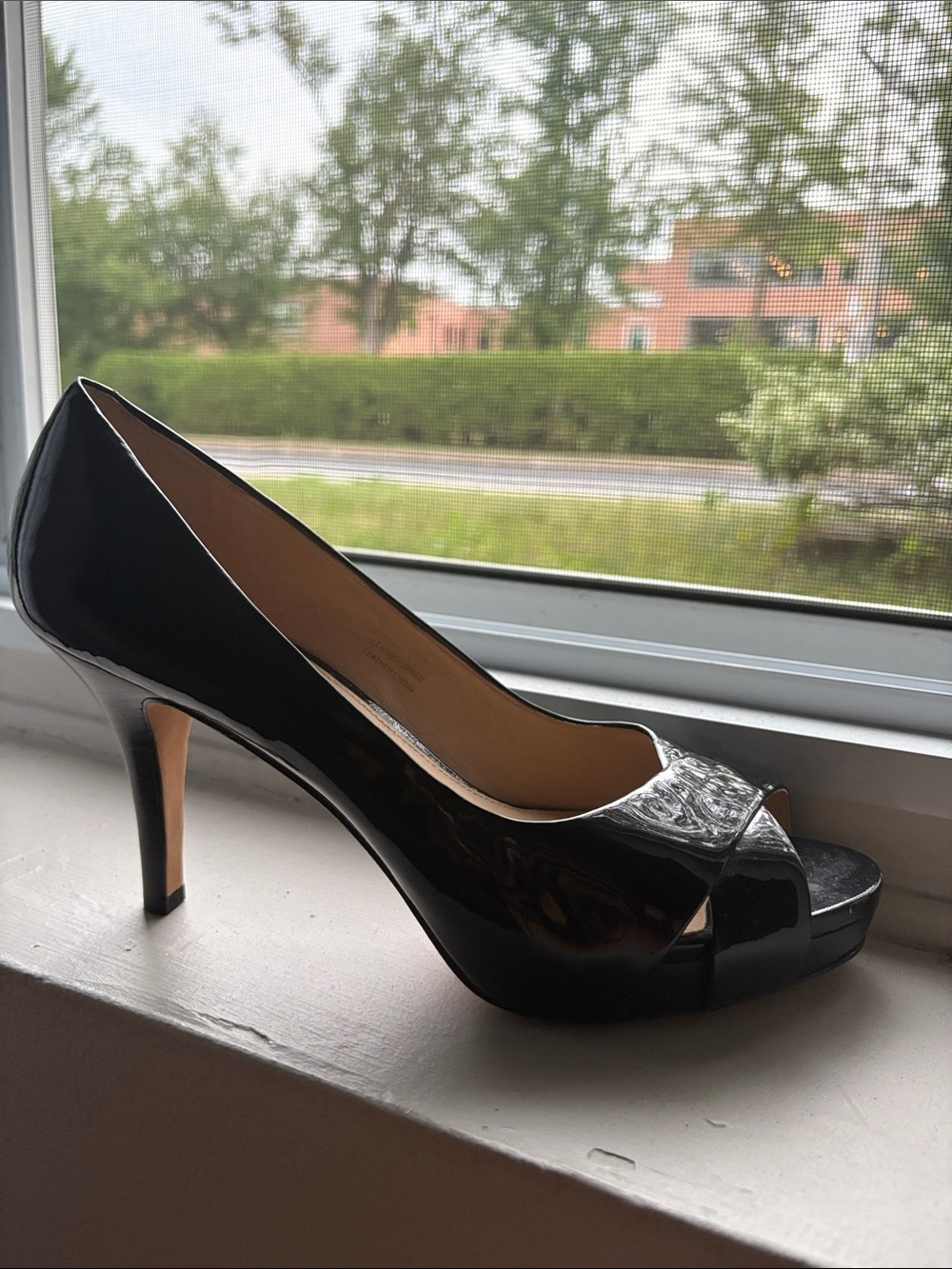 Via Spiga Black Patent Peep-Toe Heels with Glossy Finish